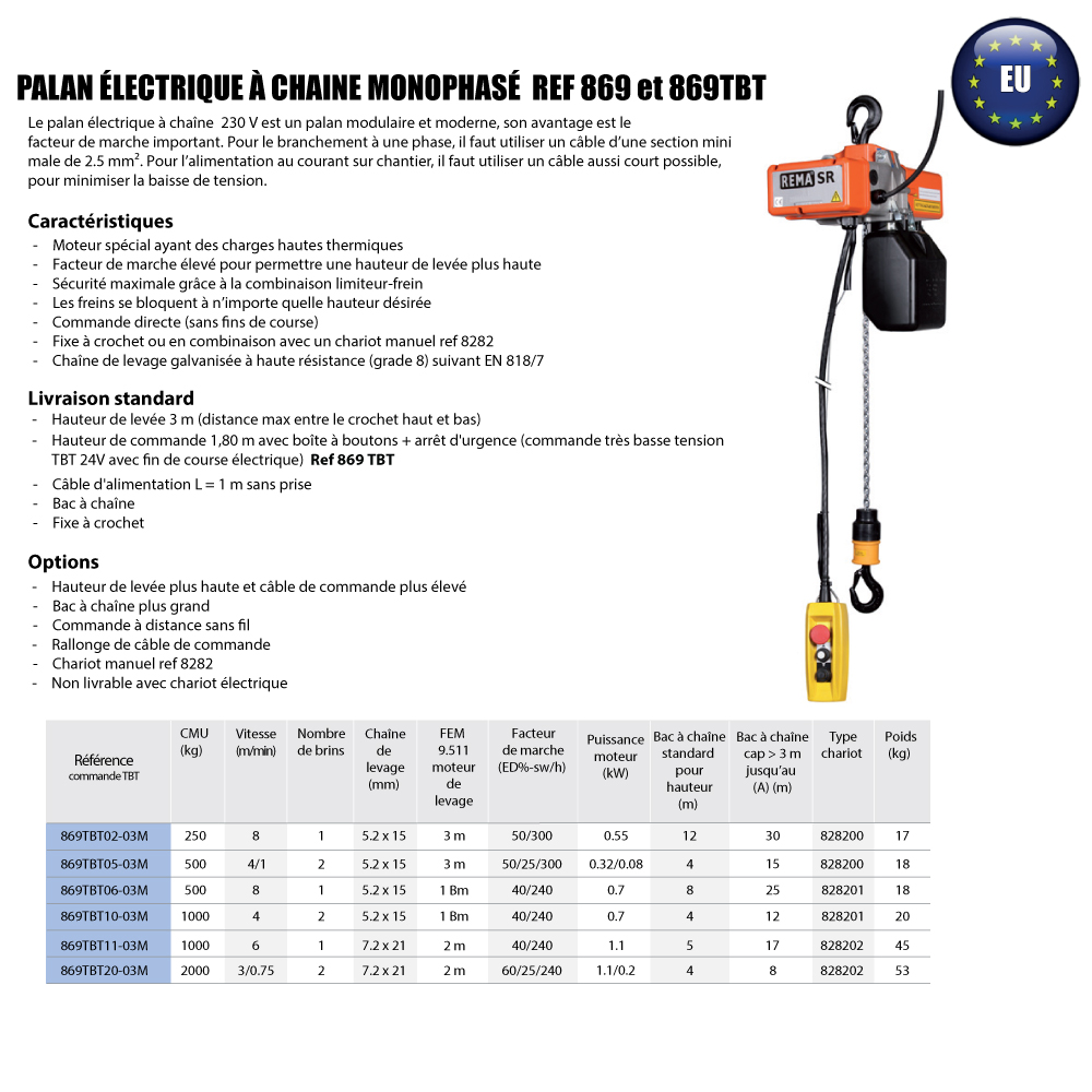 Palan électrique 230V/Mono vitesse variable de 100 à 500 kg - Levage &  accessoires chez Bauquip
